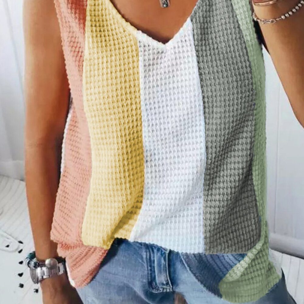 Multicolor Color Block V- Neck Waffle Knit Tank Top